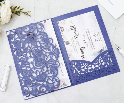 Pink Art Paper Laser Cut Wedding Cards With Ribbon For Wedding Party